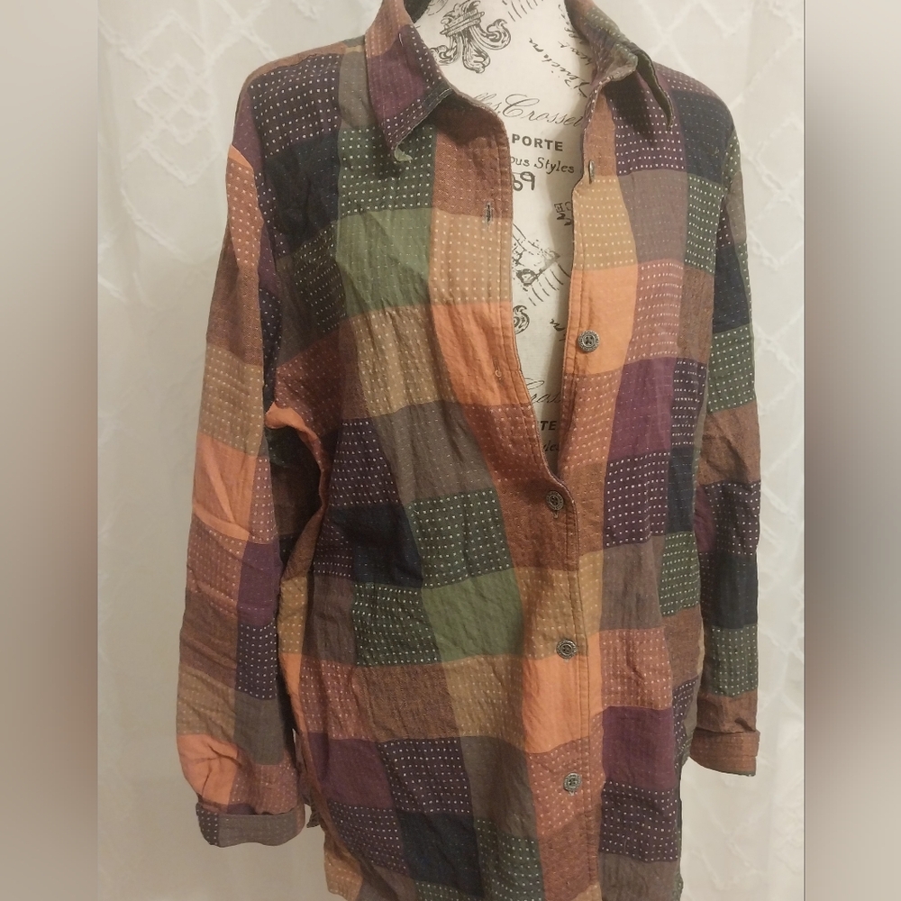 Colorful Plaid Patchwork Vintage Blair Button DOWN TOP/ L